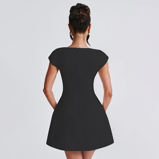 Damen figurbetontes Minikleid mit Quadratausschnitt und voluminösem Rock R&B