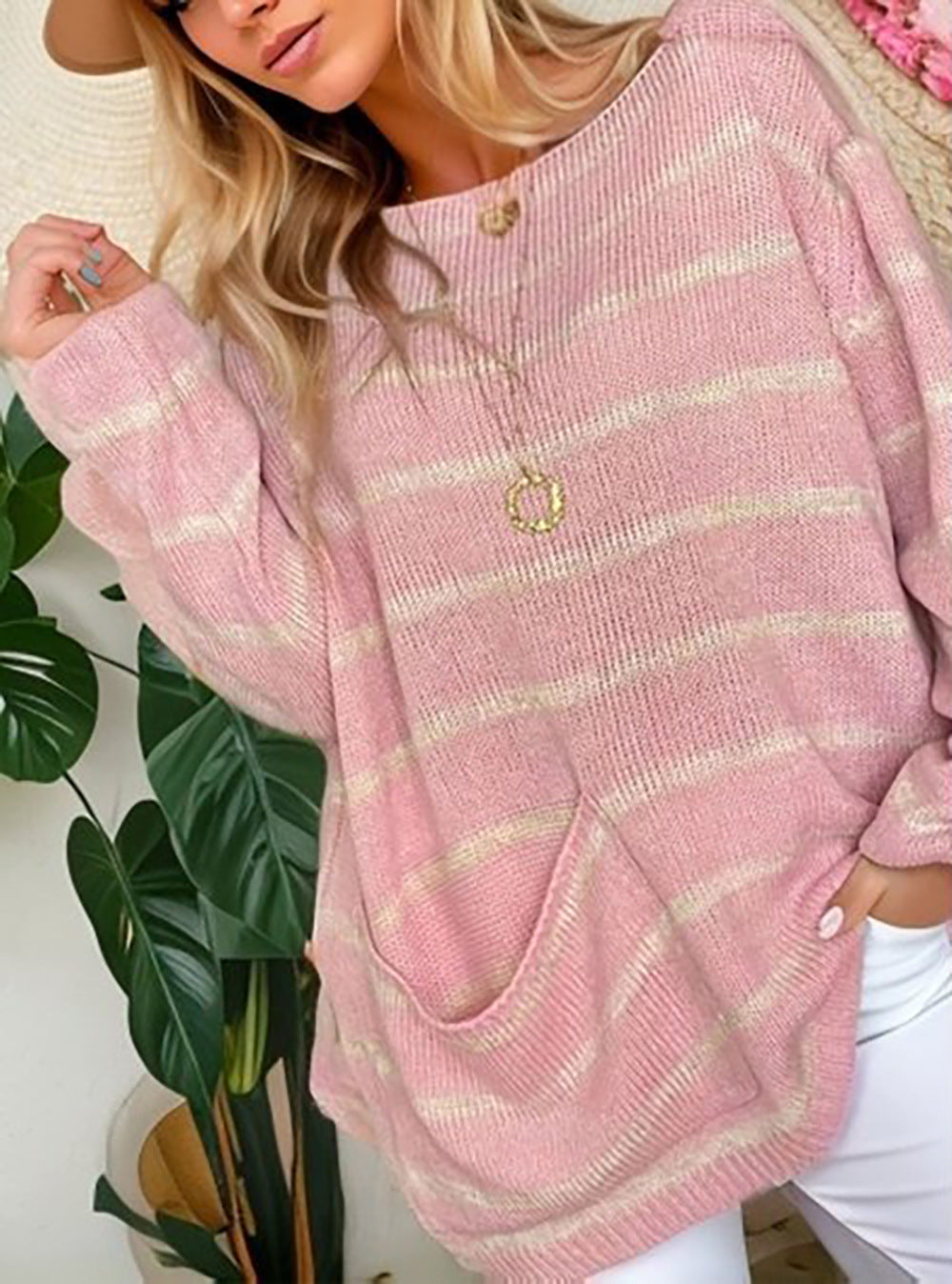 Damen lässiger Strickpullover mit elegantem Streifenmuster und praktischer Brusttasche R&B