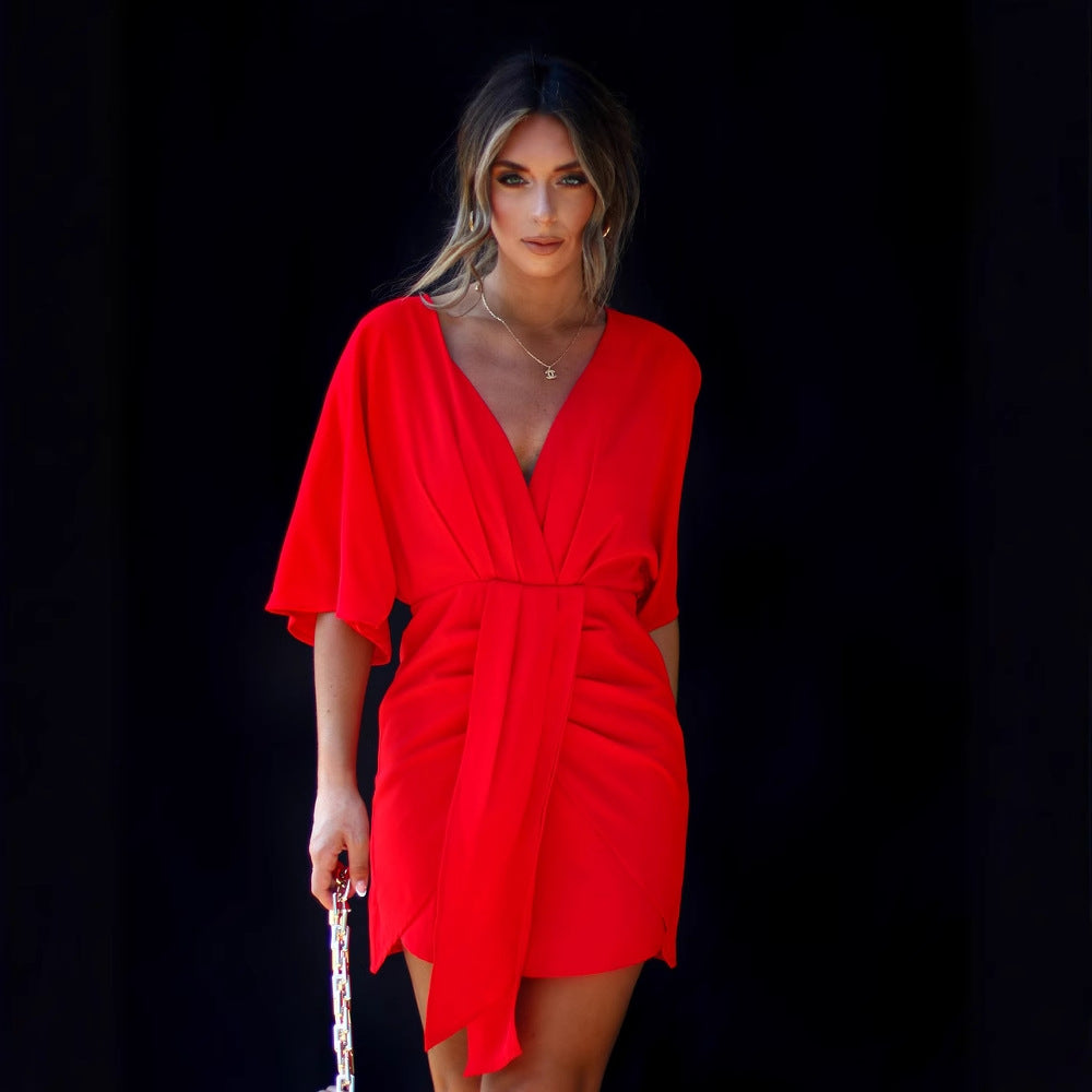 Damen Skaterkleid mit V-Ausschnitt und Drapierungen R&B