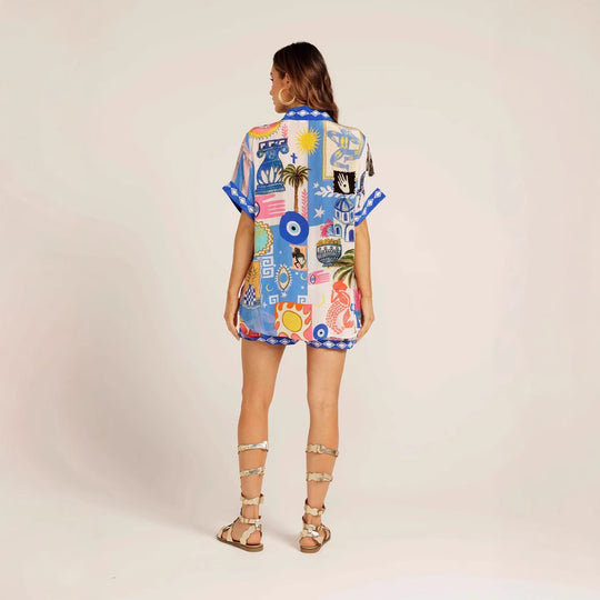 Damen Set aus leichtem, bedrucktem Kurzarmhemd und Shorts mit buntem Design R&B