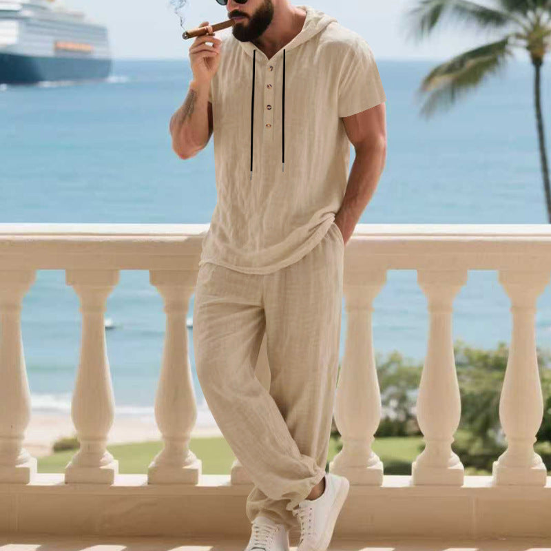Herren komfortables Freizeit-Set mit modischem Henley-Oberteil und lockeren Hosen R&B