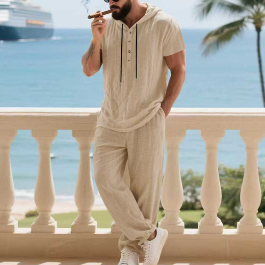 Herren komfortables Freizeit-Set mit modischem Henley-Oberteil und lockeren Hosen R&B