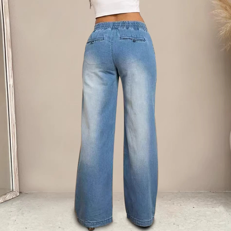 Damen Weit geschnittene Jeanshose mit elastischem Bund und modischem Used-Look R&B