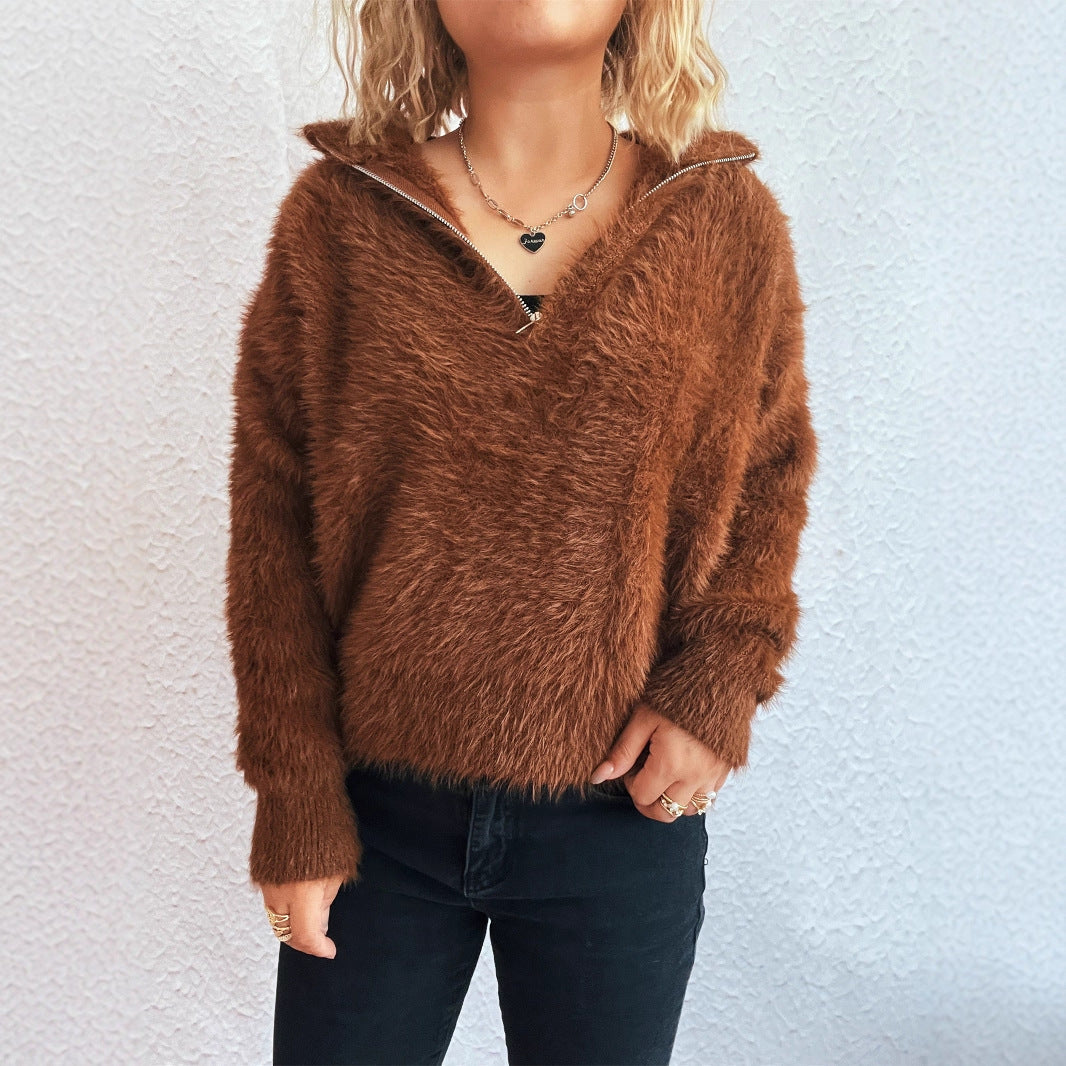 Damen kuscheliger Pullover mit hohem Kragen und Reißverschluss R&B