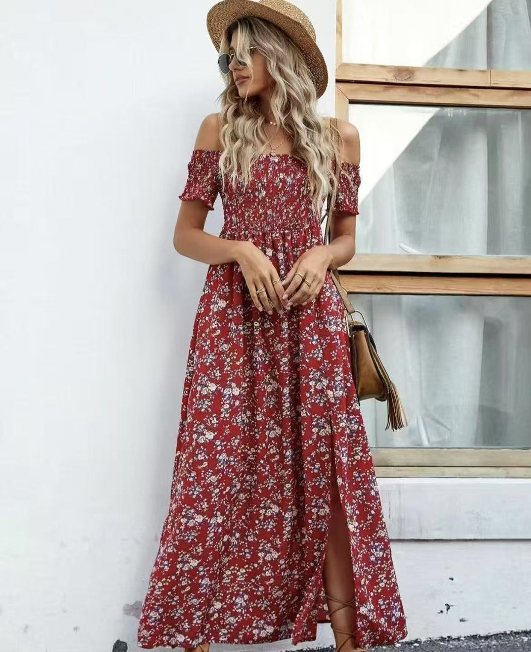 Damen luftiges Maxikleid mit schulterfreien Ärmeln und floralem Muster R&B