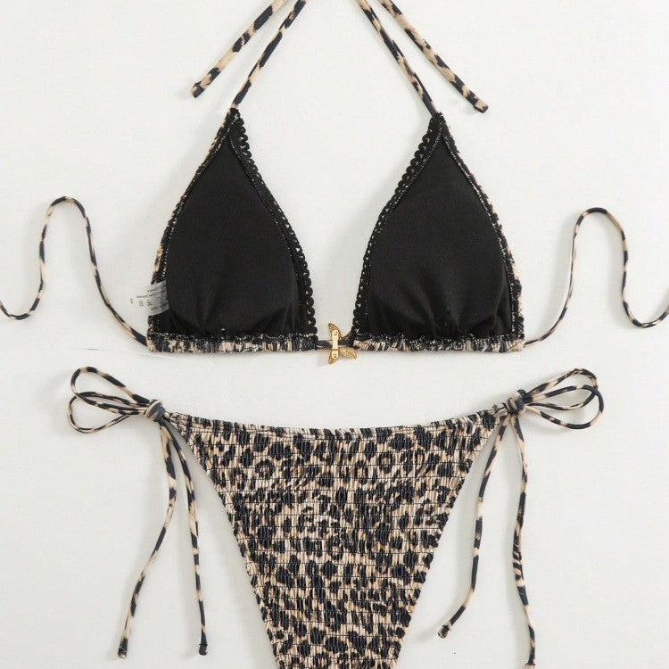 Damen Triangel-Bikini mit modischem Leopardenmuster und seitlichen Bindebändern R&B