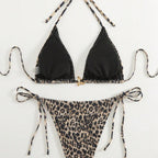 Damen Triangel-Bikini mit modischem Leopardenmuster und seitlichen BindR&Bändern R&B