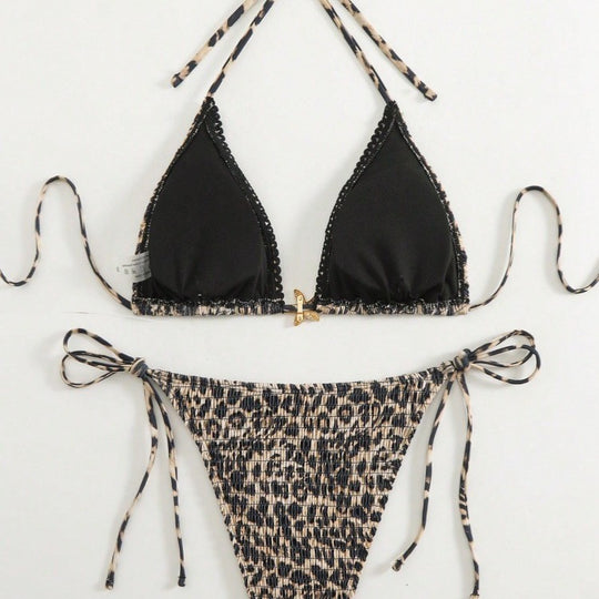 Damen Triangel-Bikini mit modischem Leopardenmuster und seitlichen Bindebändern R&B