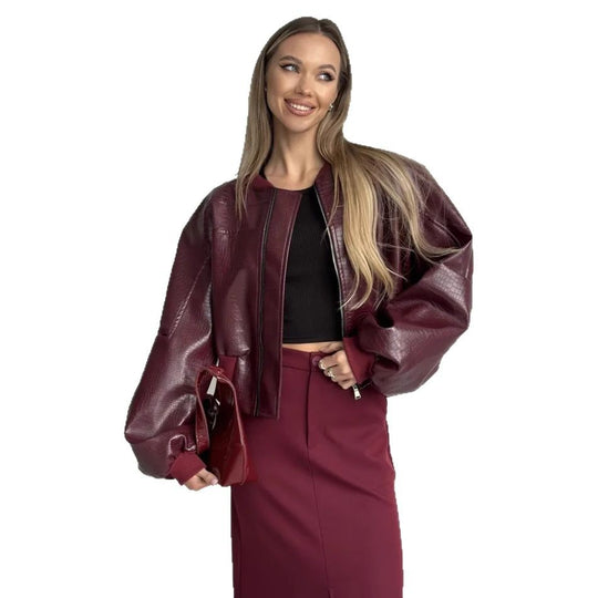 Damen trendige cropped Kunstlederjacke mit voluminösen Ärmeln R&B