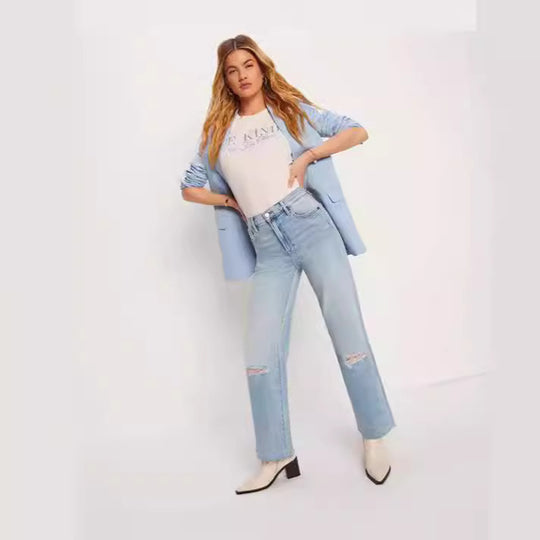 Damen High-Waist Jeans mit fransigem Saum und modischen Rissdetails R&B