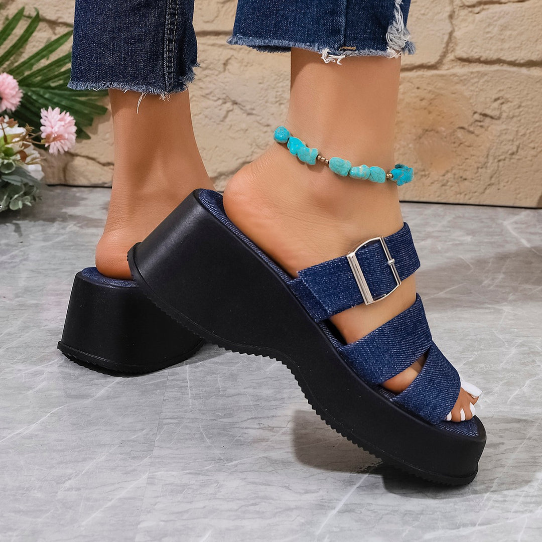 Damen Plateau-Pantoletten mit verstellbarem Riemendesign und modischem Denim-Obermaterial R&B