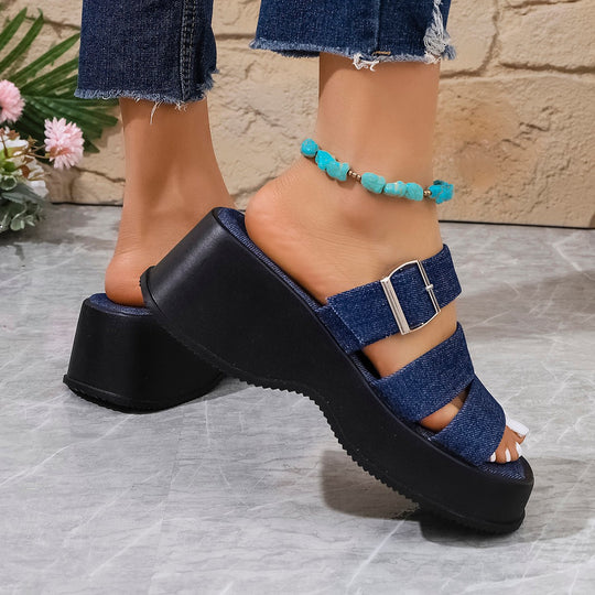 Damen Plateau-Pantoletten mit verstellbarem Riemendesign und modischem Denim-Obermaterial R&B