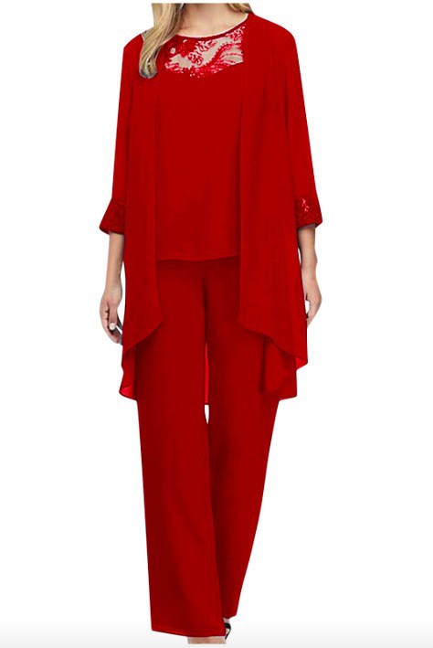 Damen nan fließendes Chiffon-Abendensemble mit Spitzenbesatz, Kimono-Cardigan und weiter Palazzohose R&B