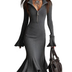 Damen Strickkleid mit elegantem Stehkragen und Reißverschluss R&B