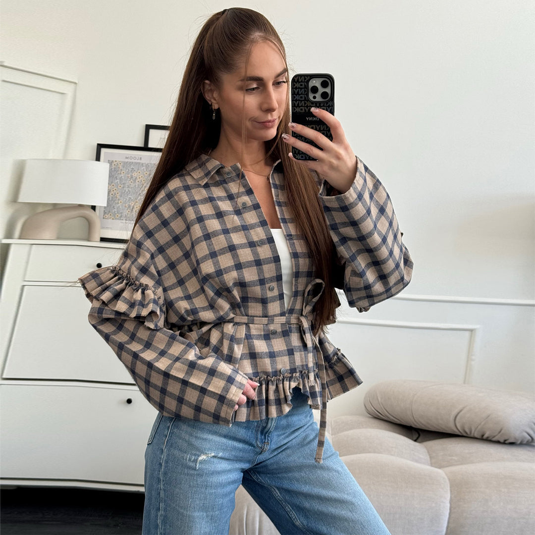 Damen kariertes Hemd mit Rüschendetails R&B