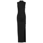 Damen Figurbetontes Maxikleid mit Stehkragen und geschmeidigem Rüschen-Design R&B