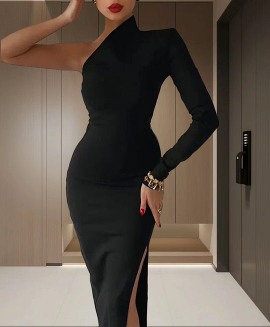 Damen Elegantes asymmetrisches Abendkleid mit hohem Schlitz und langem Arm R&B