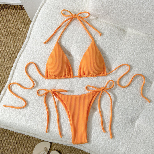 Damen Triangel-Bikini mit elastischen Bindebändern und Ripp-Optik R&B