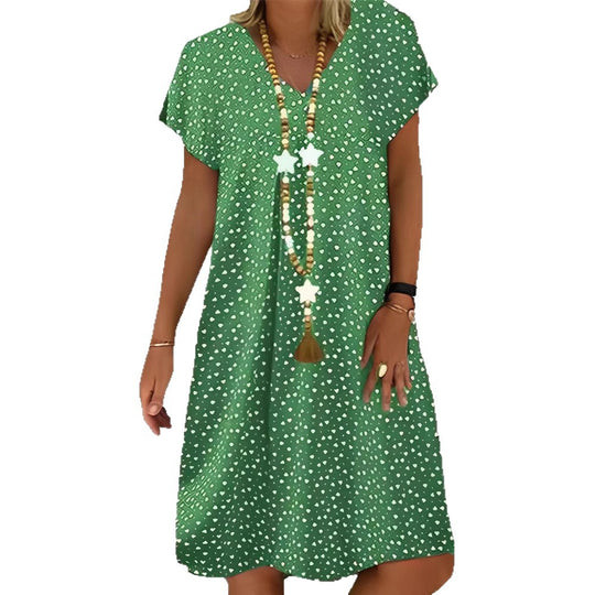 Damen nan locker fallendes V-Ausschnitt-Kurzkleid mit A-Linien-Schnitt, Cap-Ärmeln und Allover-Herzchenprint R&B