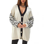 Damen Grobstrick Cardigan mit Leopardenmuster und Knopfdetaillierung R&B