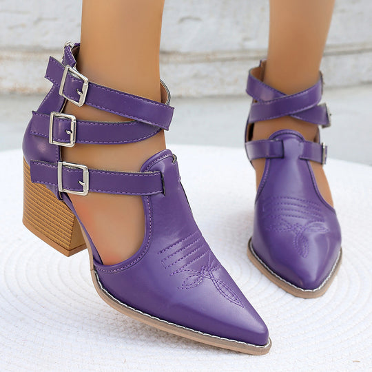 Damen High Heel Stiefeletten mit einzigartigen Riemen und verziertem Absatz R&B