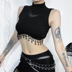 Damen elegantes Crop-Top mit Perlenverzierungen R&B