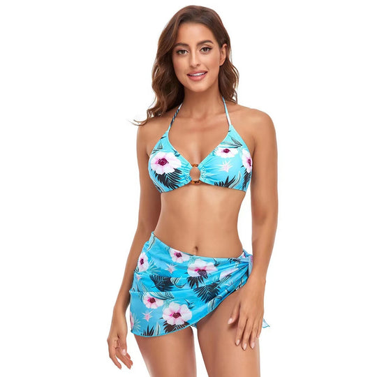 Damen Triangel-Bikini-Set mit modischem Wickelrock und floralem Design R&B