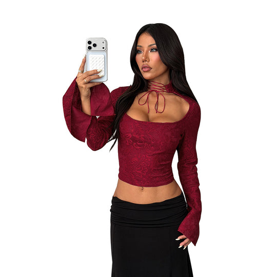 Damen elegantes Langarm-Top mit schickem Stehkragen und floralem Muster R&B