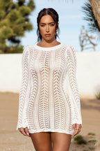 Damen gehäkeltes Strandkleid mit tiefem V-Ausschnitt und langen Ärmeln R&B
