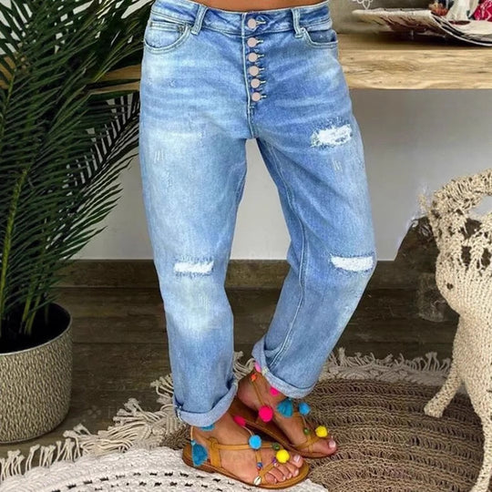 Damen Denim-Bundfaltenhose mit Knopfleiste und modischem Destroyed-Effekt R&B