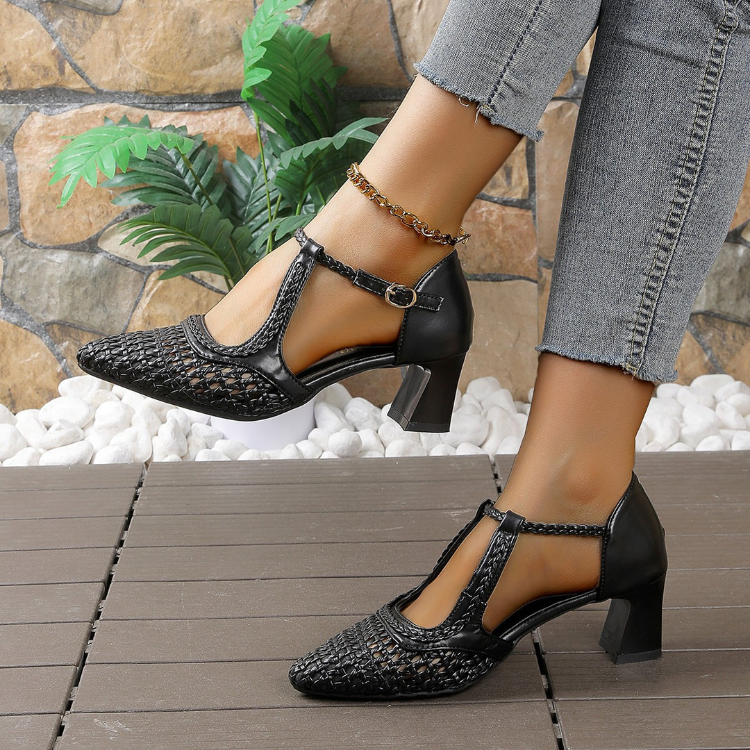 Damen elegante T-strap Sandaletten mit geflochtenem Design und komfortablem Blockabsatz R&B