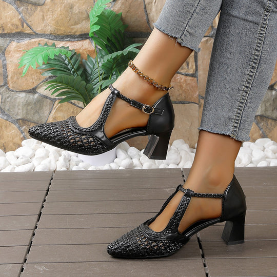 Damen elegante T-strap Sandaletten mit geflochtenem Design und komfortablem Blockabsatz R&B