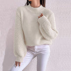 Damen kuscheliger Strickpullover mit hohem Kragen und strukturiertem Muster R&B