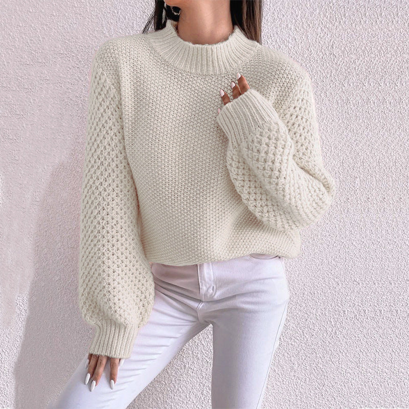 Damen kuscheliger Strickpullover mit hohem Kragen und strukturiertem Muster R&B