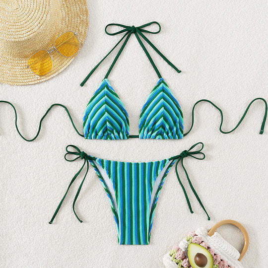 Damen Triangel-Bikini mit raffinierten Streifen und verspielten Schleifen R&B
