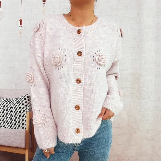 Damen Strickjacke mit floralen Applikationen und dekorativen Knöpfen R&B