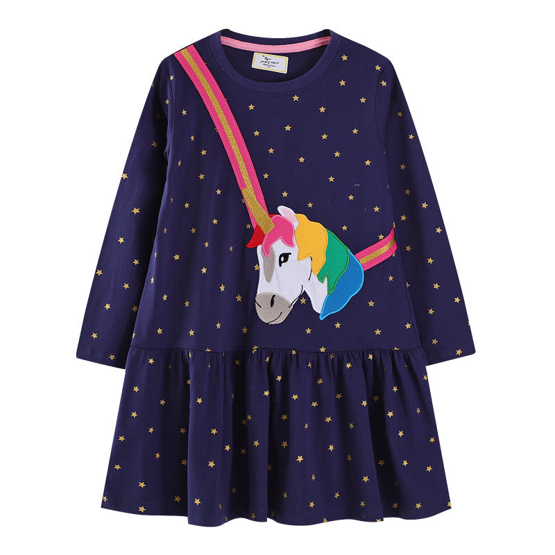 Mädchen Langarmkleid mit zauberhaftem Einhorn-Applikationsdesign R&B