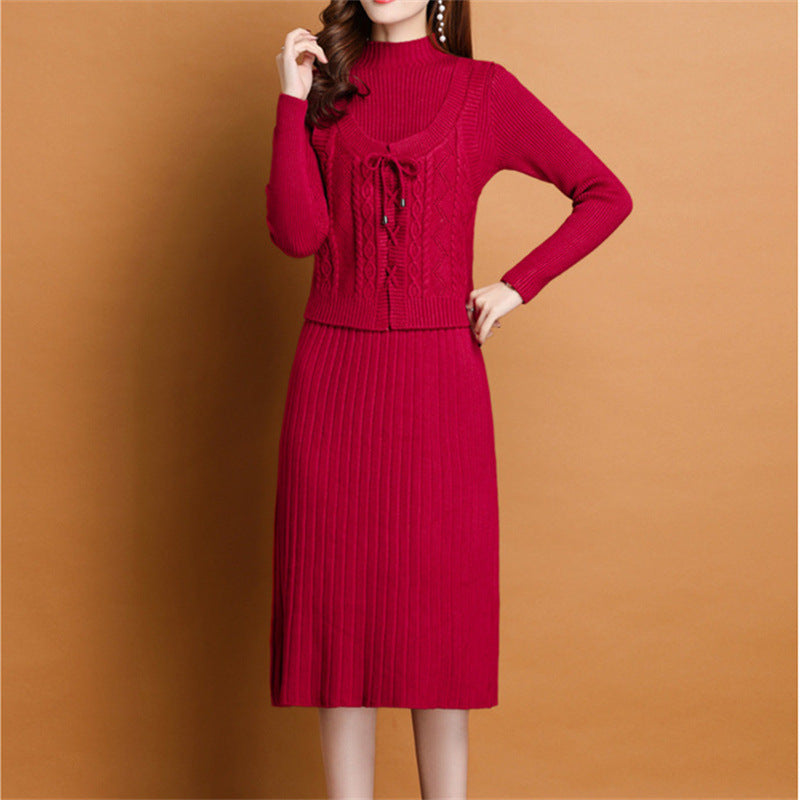 Damen elegantes Strickkleid mit hochgeschlossenem Kragen und dekorativem Zopfdesign R&B