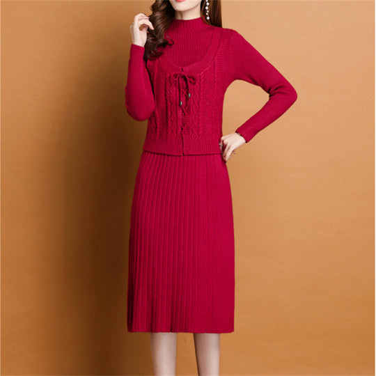 Damen elegantes Strickkleid mit hochgeschlossenem Kragen und dekorativem Zopfdesign R&B