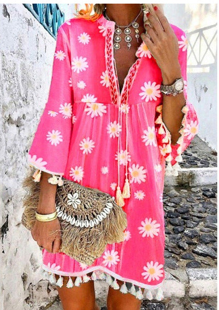 Damen Strandkleid mit floralen Motiven und Quastenverzierungen R&B