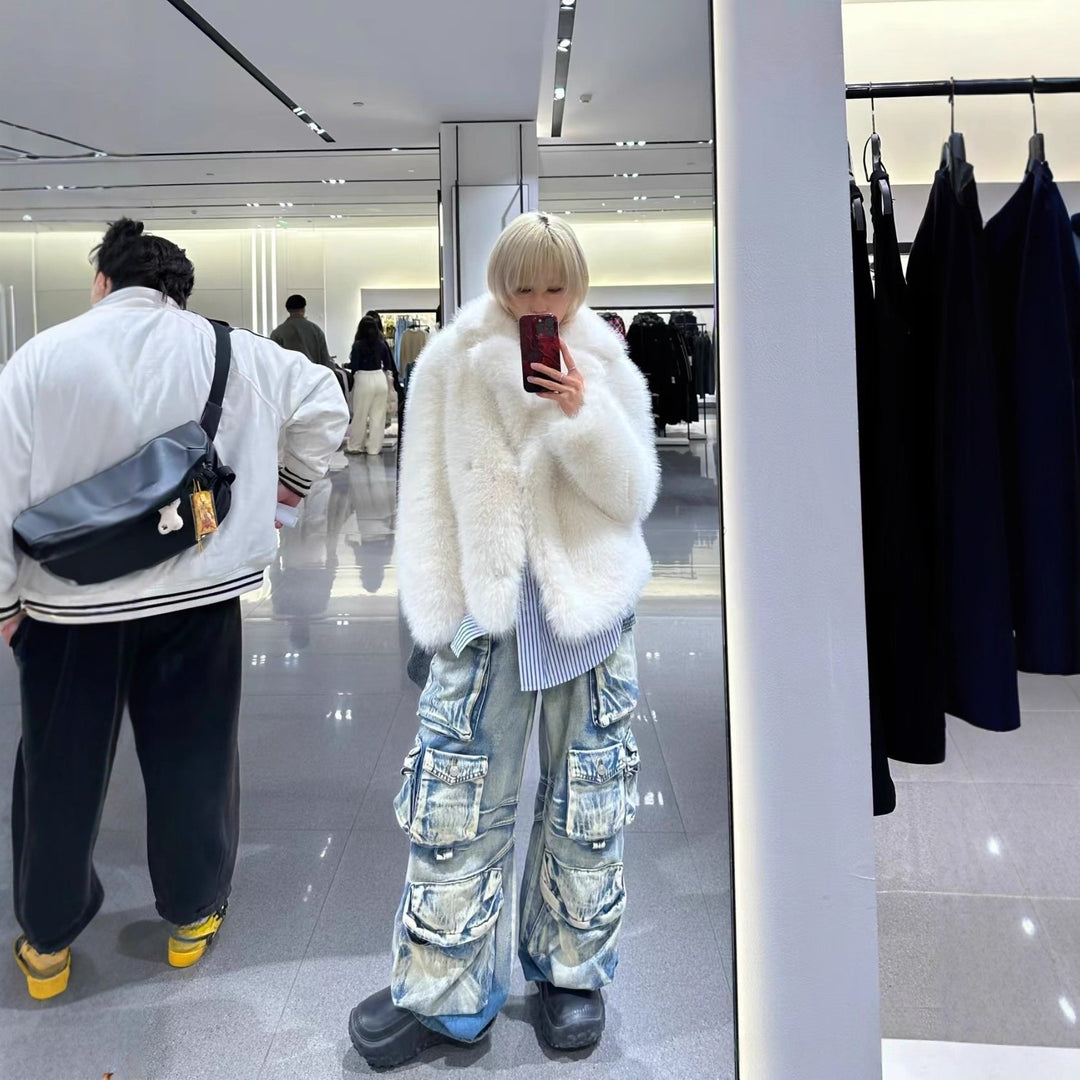 Damen kuschelige Oversize-Jacke mit auffälligem Kragen R&B