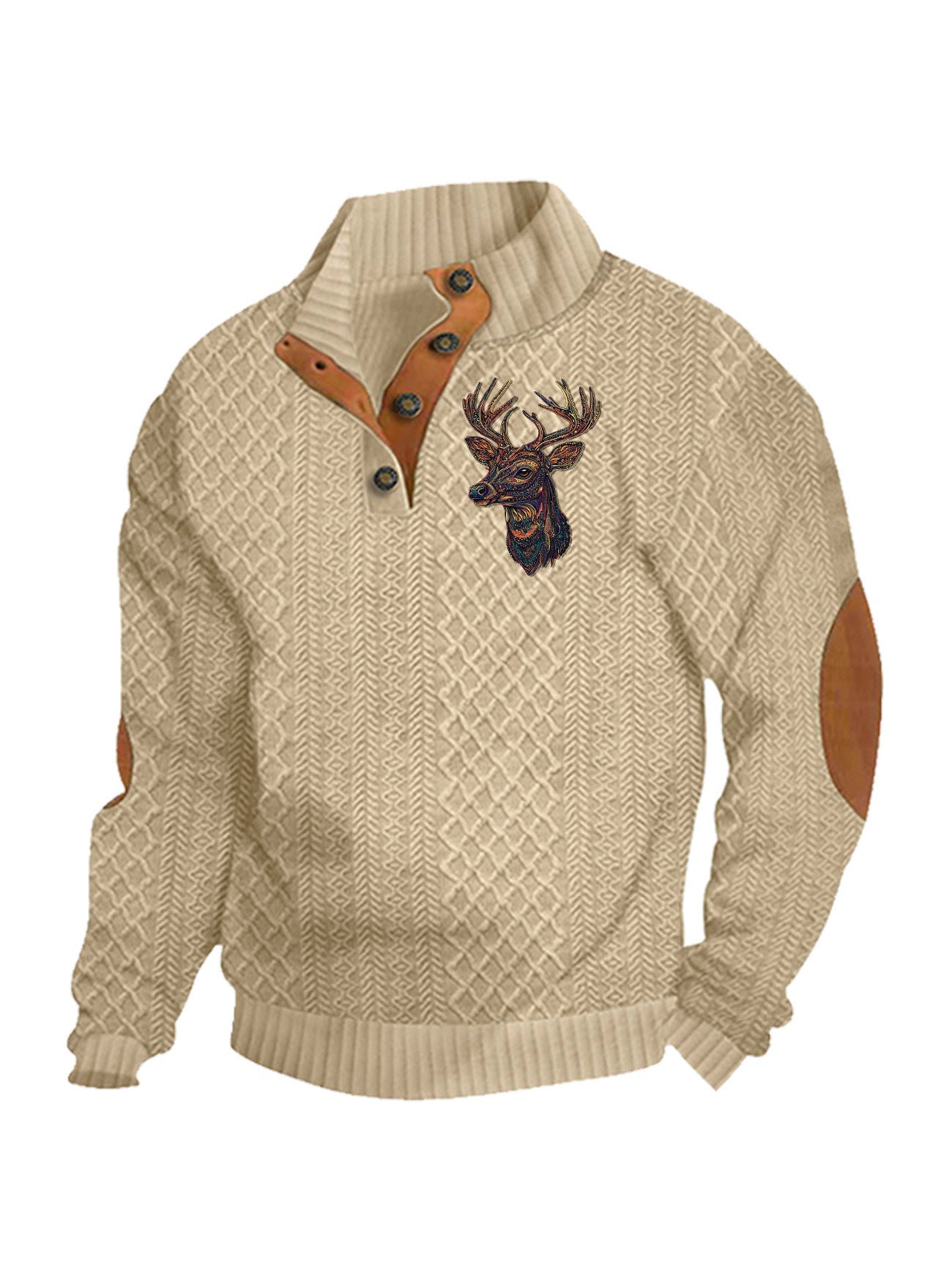 Herren nan Heritage-Strukturpullover mit Stehkragen Lederimitat-Besatz Ellenbogen-Patches und Halbknopfleiste R&B