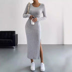 Damen Maxikleid mit seitlichem Schlitz und strukturiertem Rippdesign