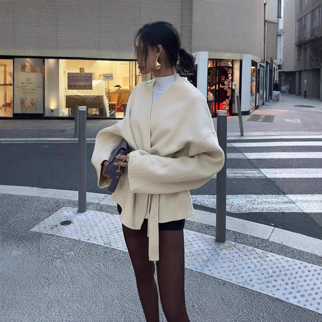 Damen Modejacke mit Taillengürtel und weitem Schnitt R&B