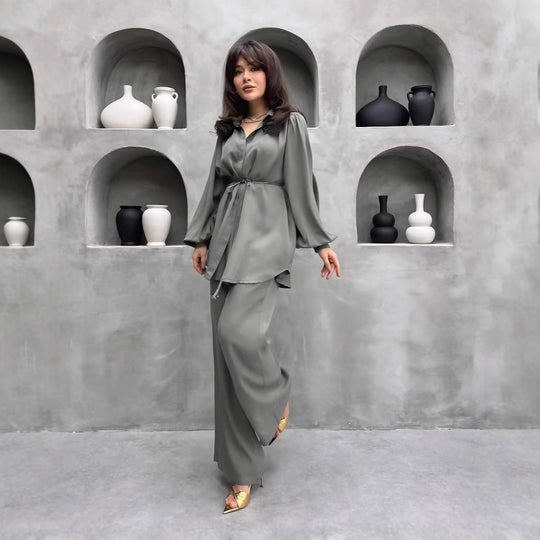 Damen elegantes Set mit langer Bluse und weitem Hosen R&B
