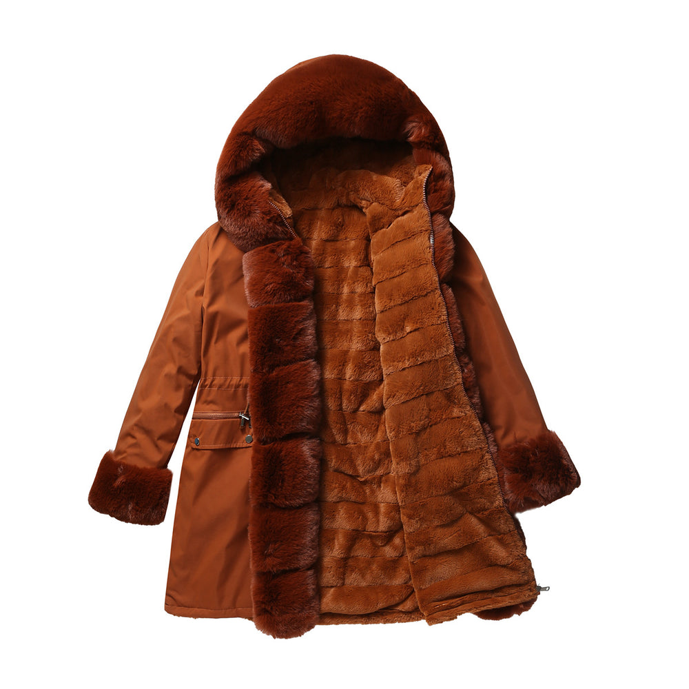 Damen elegante Parkajacke mit luxuriösem Kunstfellbesatz R&B