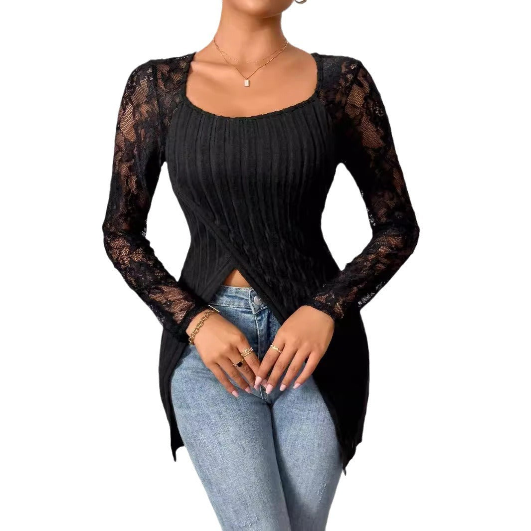 Damen Elegantes Oberteil mit einzigartiger Rippstruktur und feiner Spitzenverzierung R&B