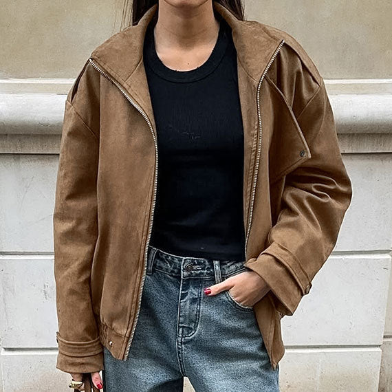 Damen Modische Suede-Bomberjacke mit praktischen Taschen und Reißverschluss R&B