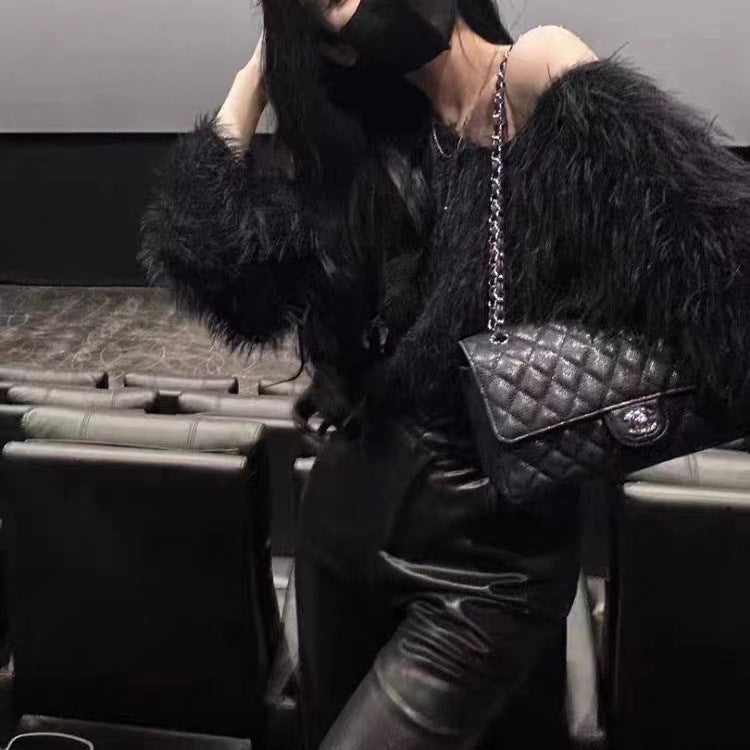 Damen Flauschiger Off-Shoulder-Pullover mit langen Ärmeln R&B