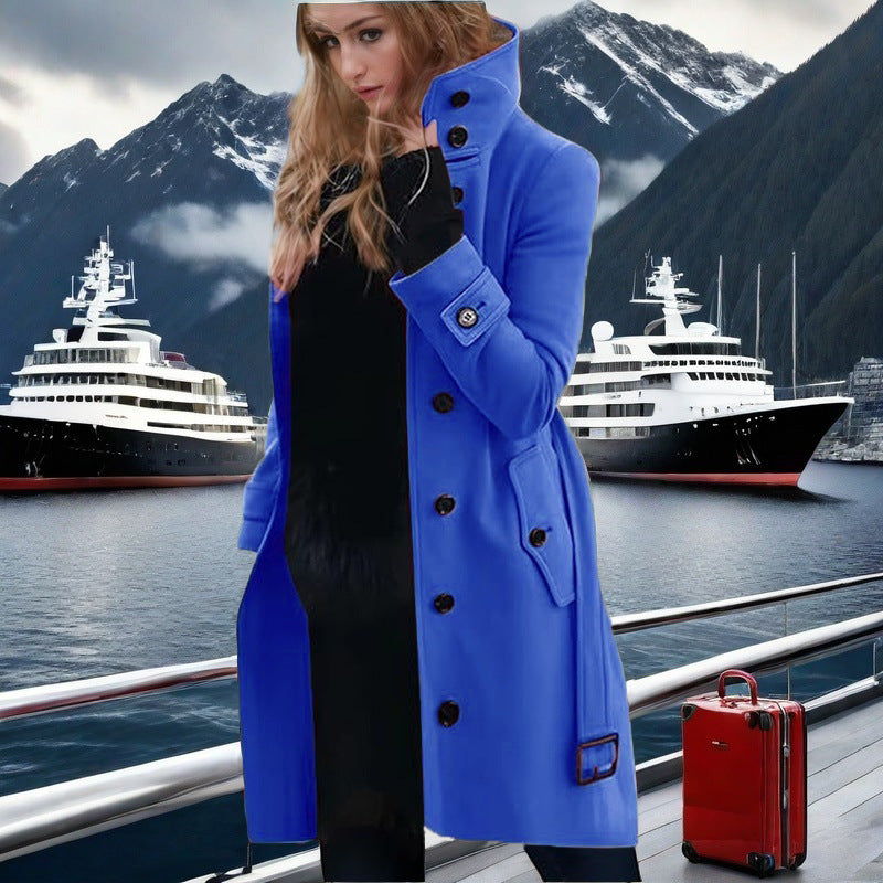 Damen eleganter Trenchcoat mit hohem Kragen und doppelter Knopfleiste R&B